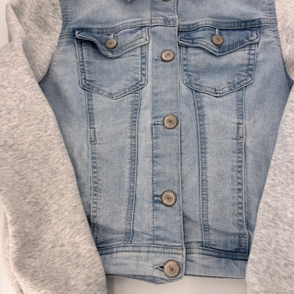 Wallflower Girls Small Dreamer Fit Denim Jacket Heather Gray Hood Sleeves Small - Picture 3 of 10